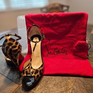 Christian Louboutin Leopard Patent Leather T-Strap Heels